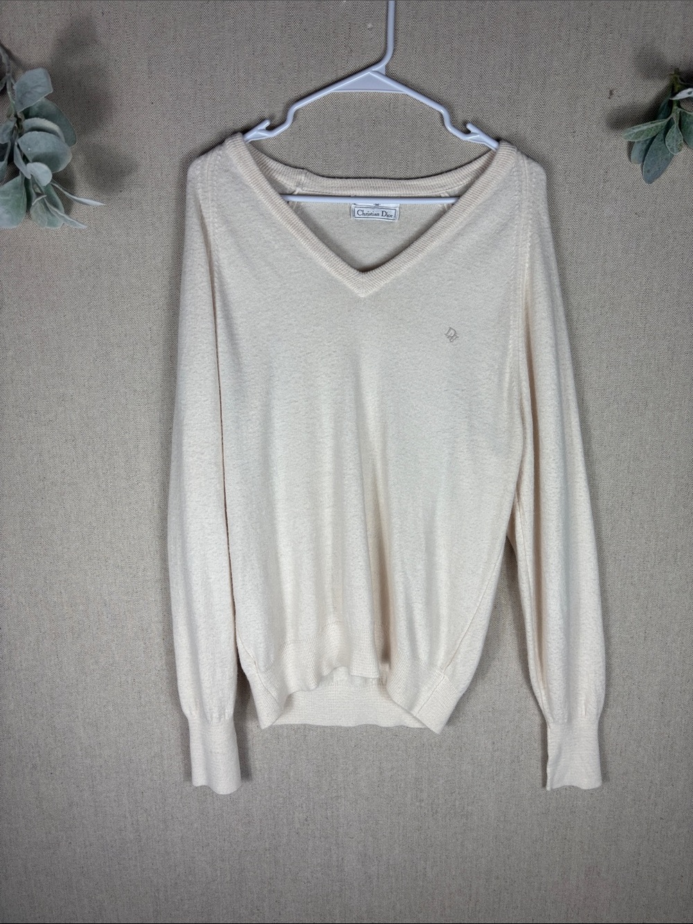 Dior > Cream V-Neck Knit Sweater with Subtle Logo Medium